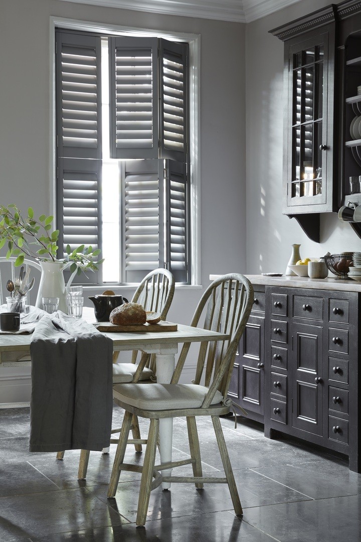 Signal Grey tier on tier wooden shutters in vintage kitchen