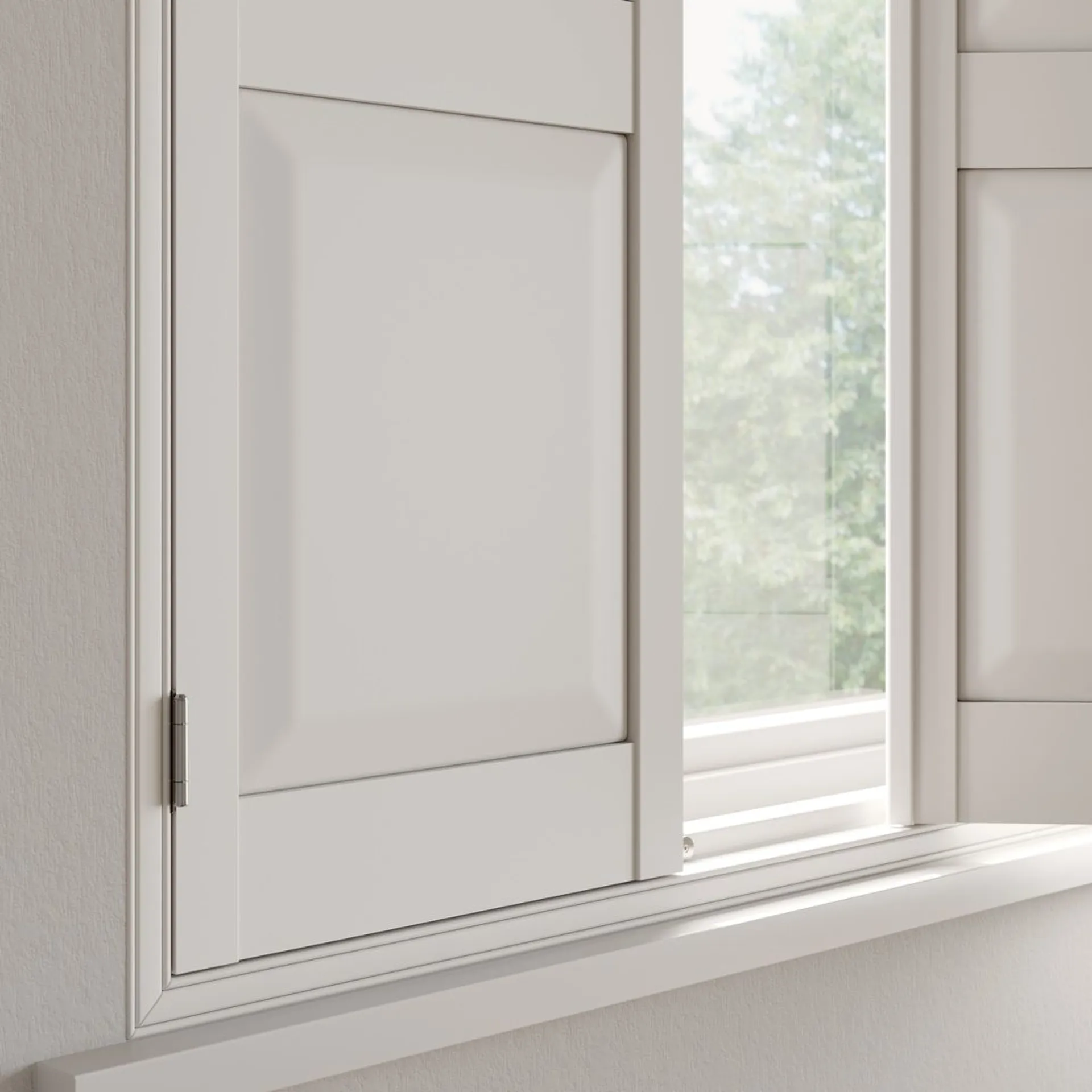Traffic White wooden solid raised shutter with a midrail