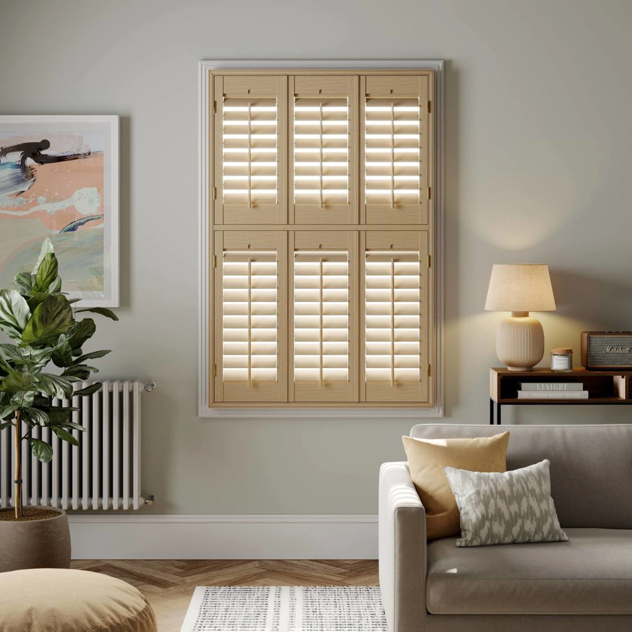 Tier on tier Natural Stained wooden shutters on sash window