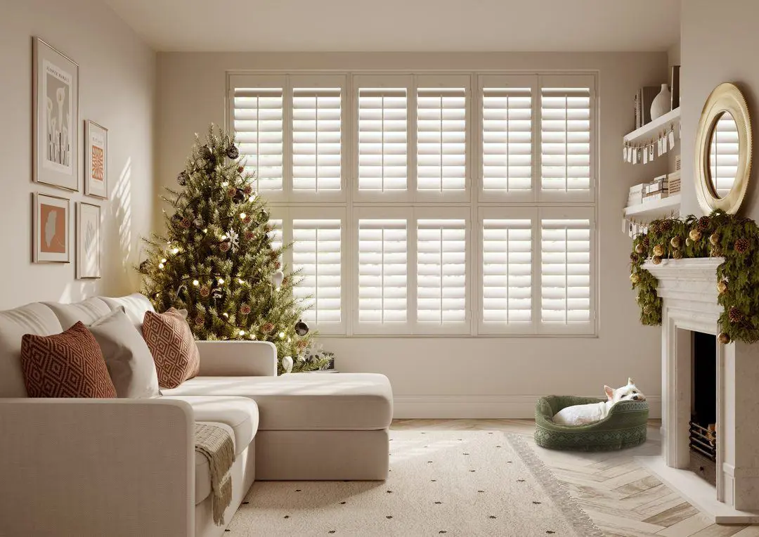 Traffic White tier on tier wooden shutters in Christmas living room