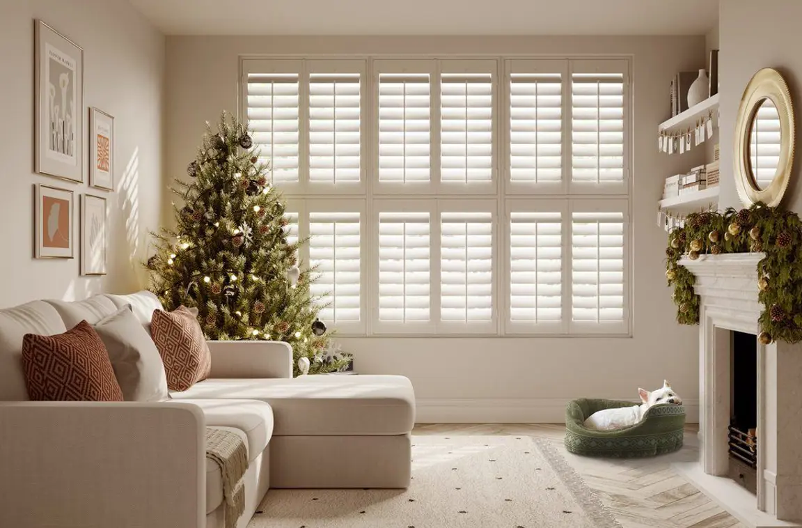 Traffic White tier on tier wooden shutters in Christmas living room