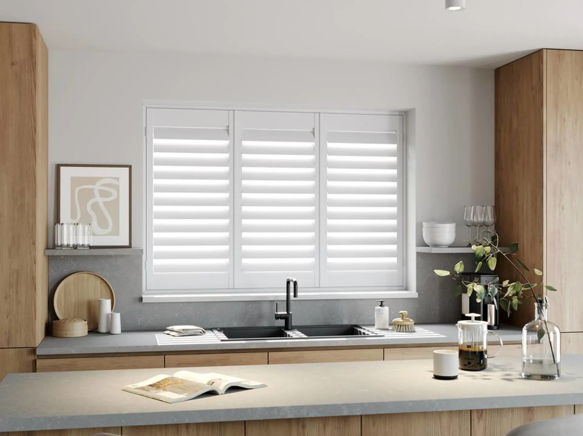 A modern kitchen with Vivid White full height wooden shutters 