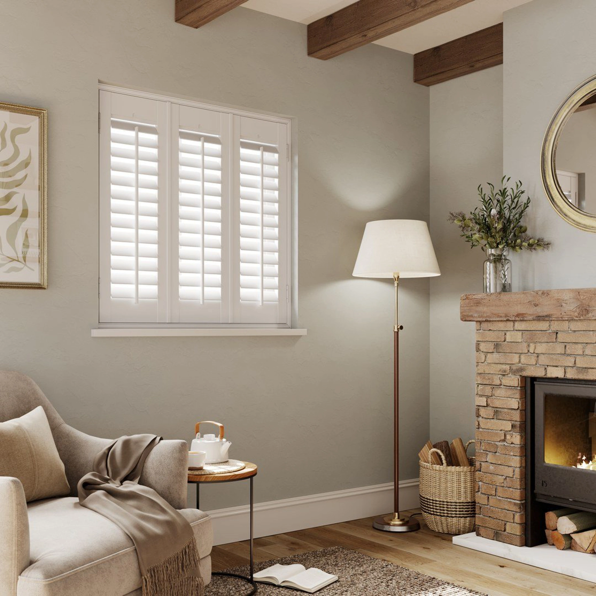 Cottage living room with White full height shutters 