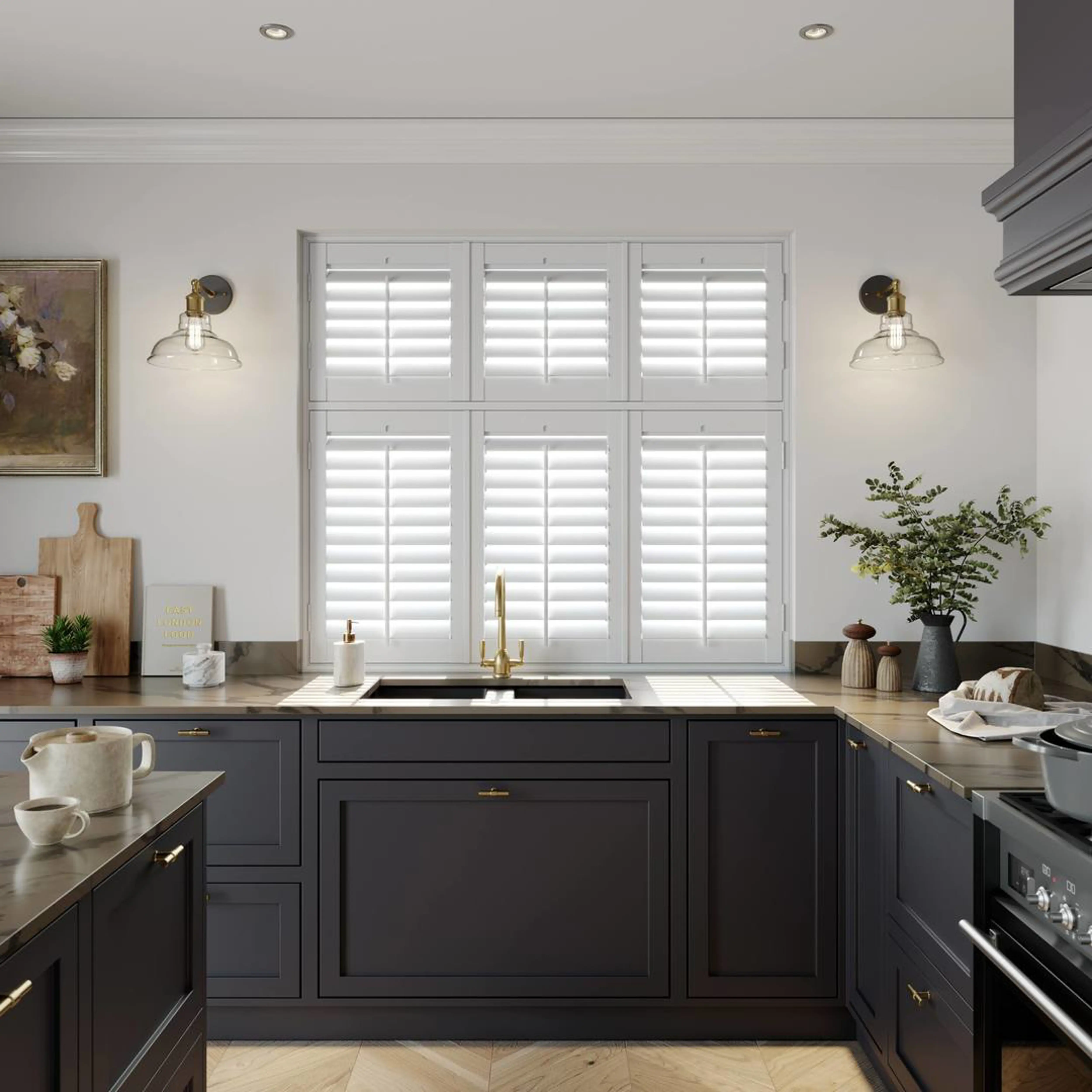 Vivid White faux wood shutters in navy traditional kitchen