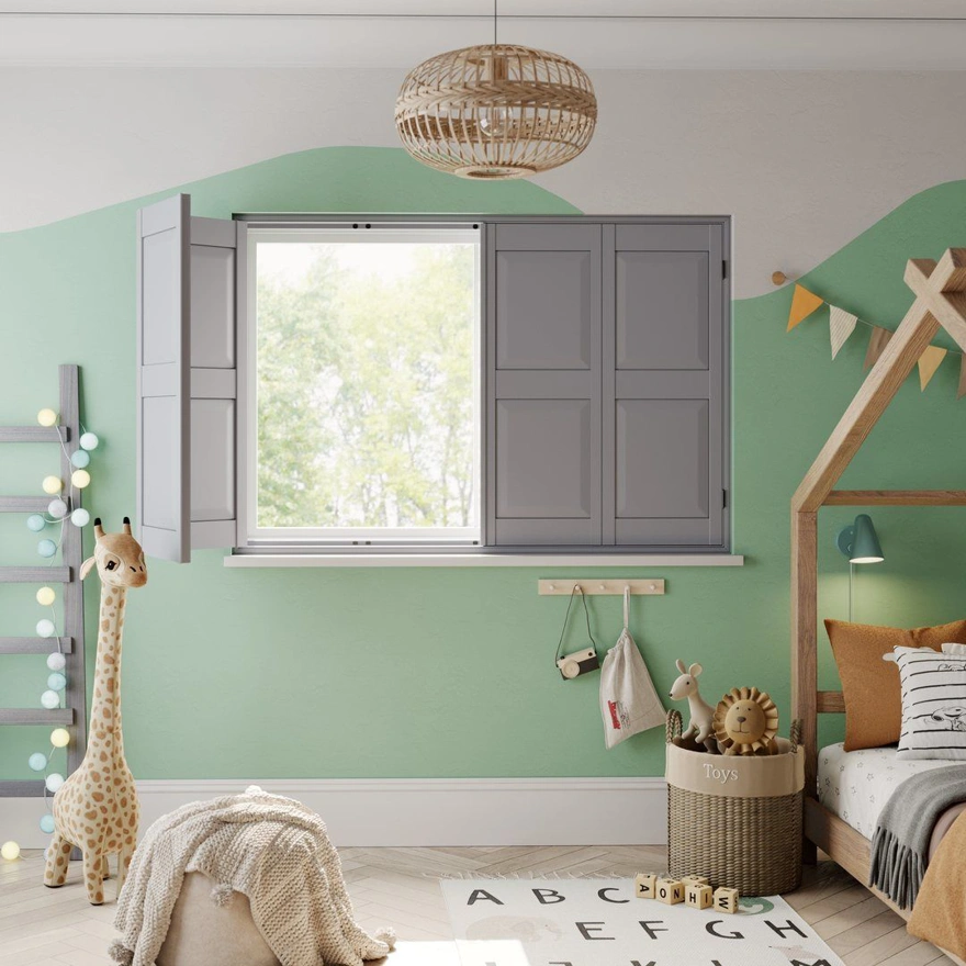 A children's bedroom with Signal Grey solid raised wooden shutters 