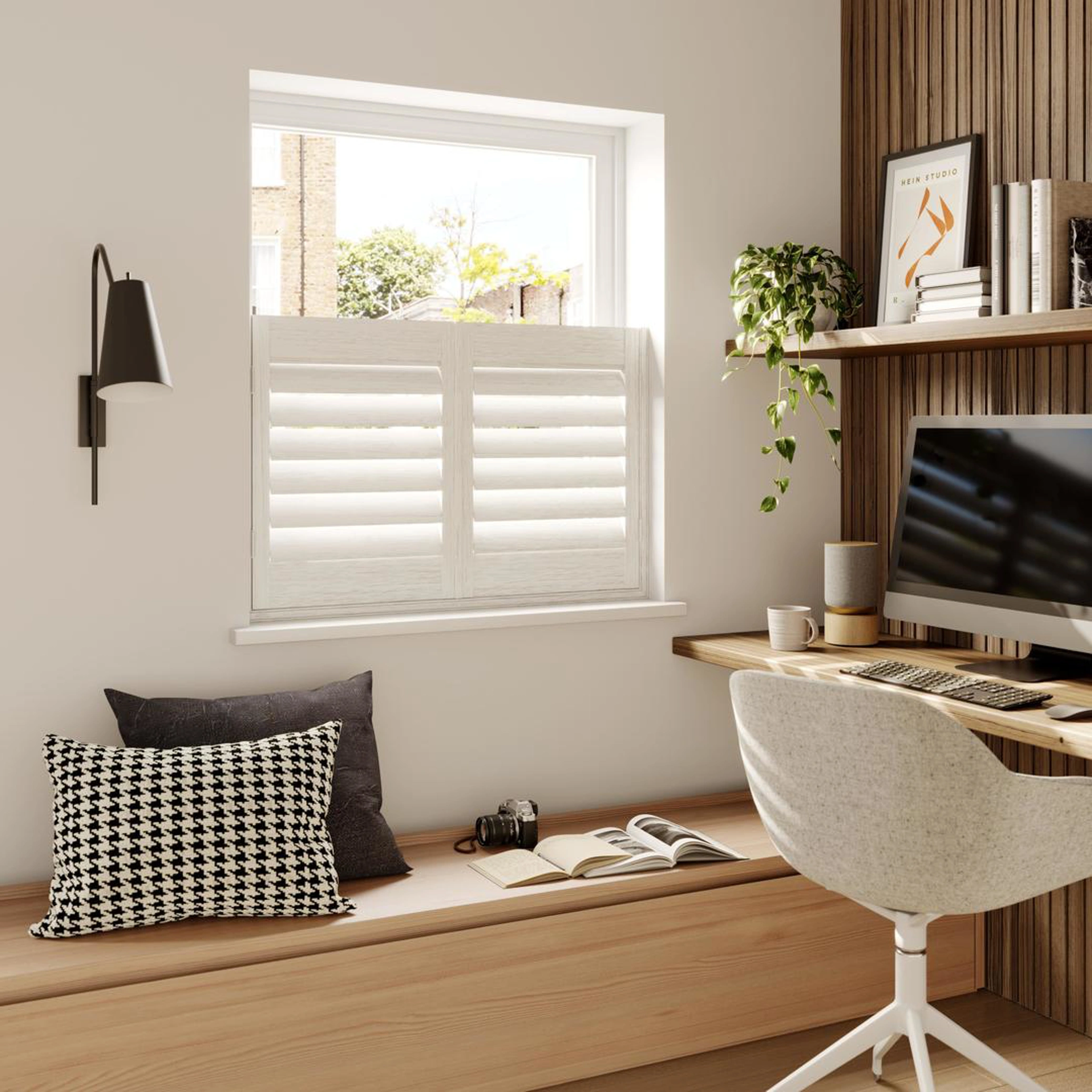 A modern home office with White Grained cafe style wooden shutters 