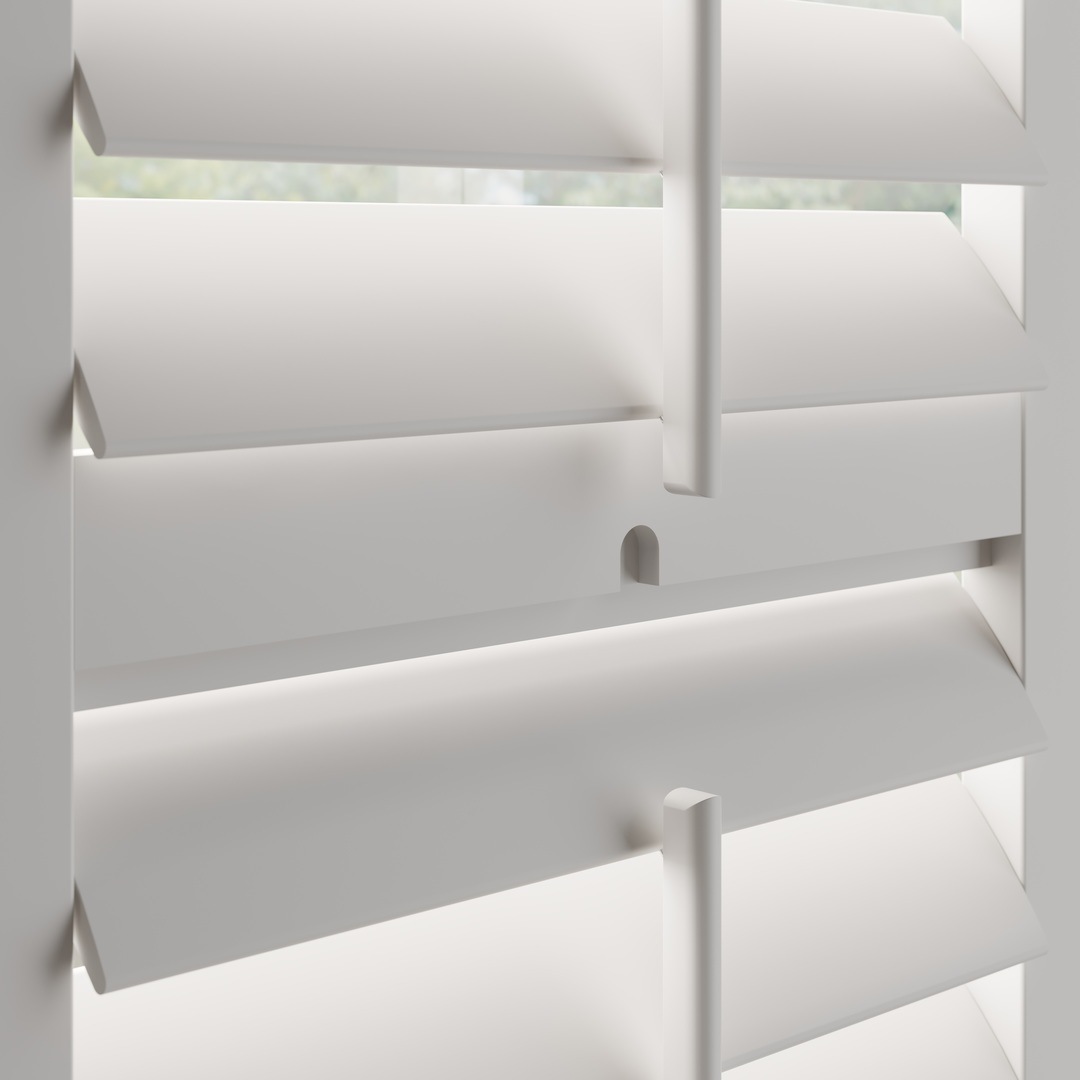 Traffic White wooden shutter with a midrail and central tilt rod 