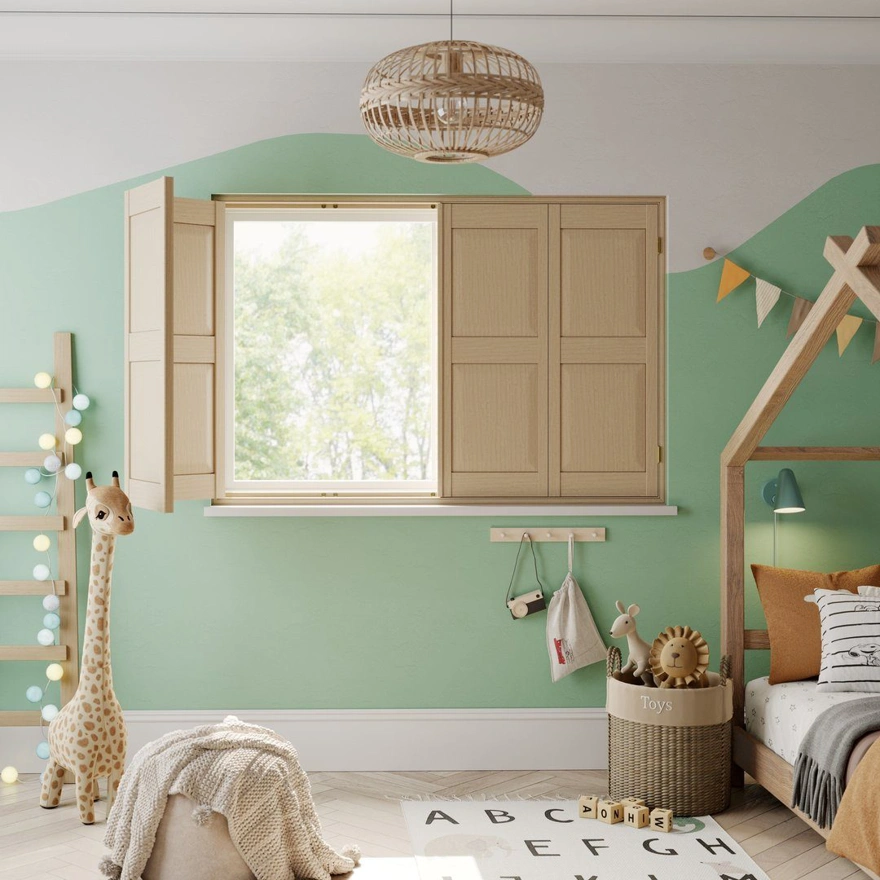 A children's bedroom with Natural Stained solid raised wooden shutters 