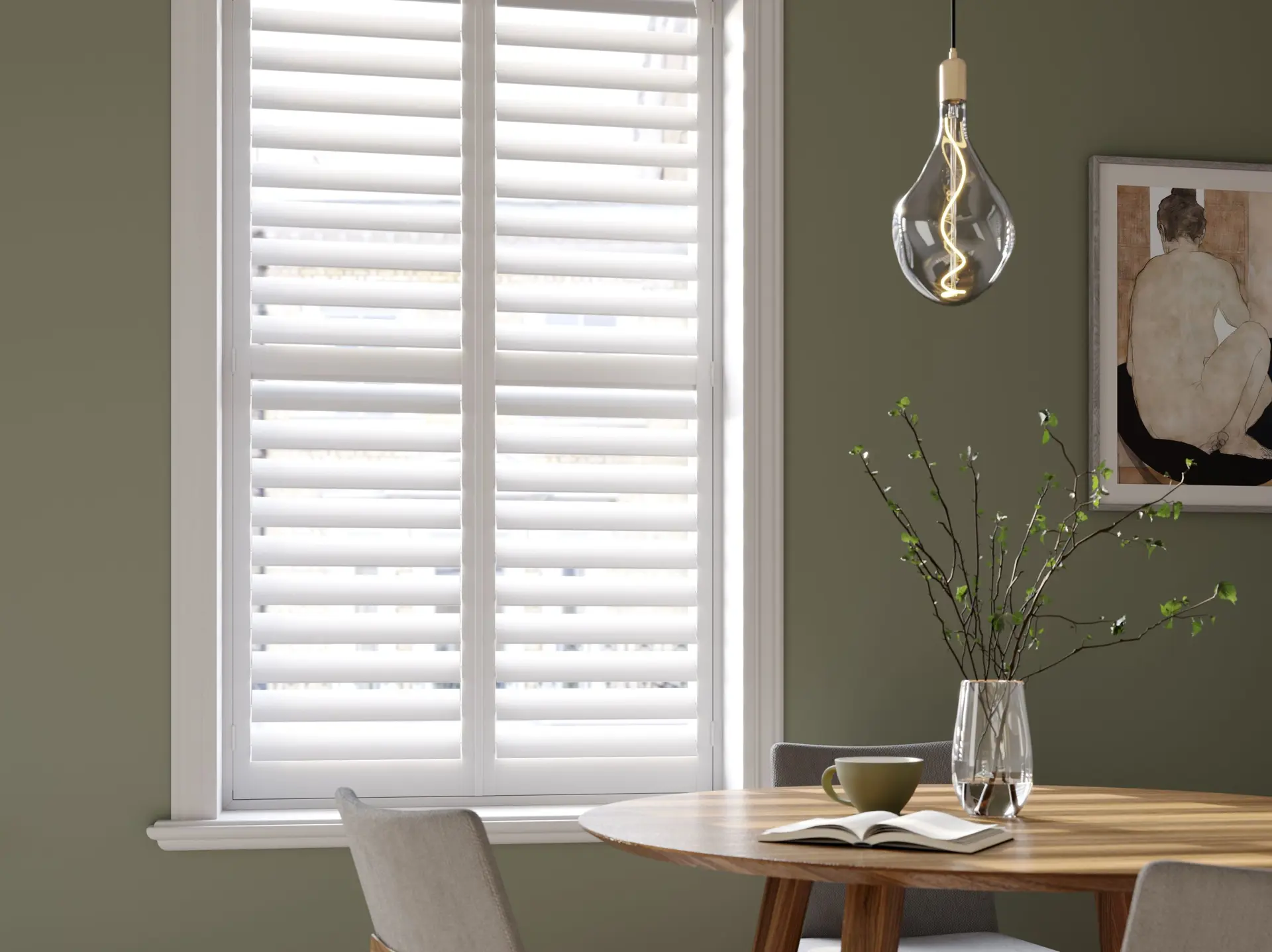 Vivid White hardwood shutters in modern dining room