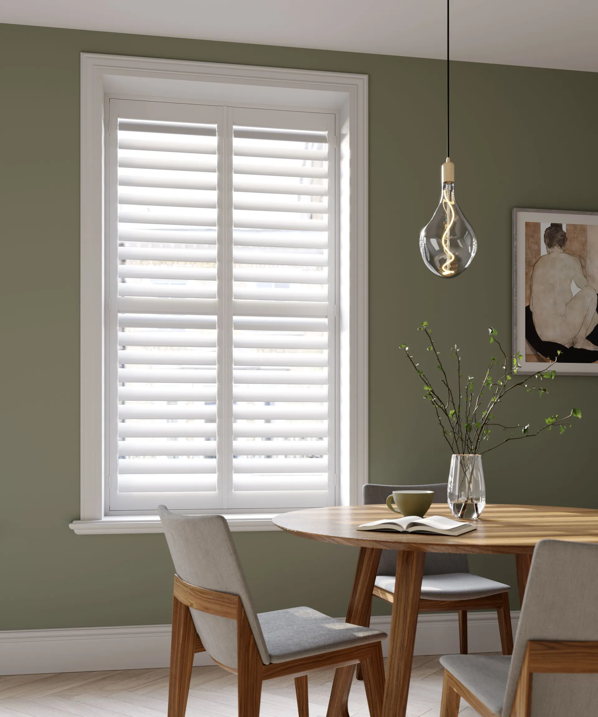 Vivid White hardwood shutters in modern dining room