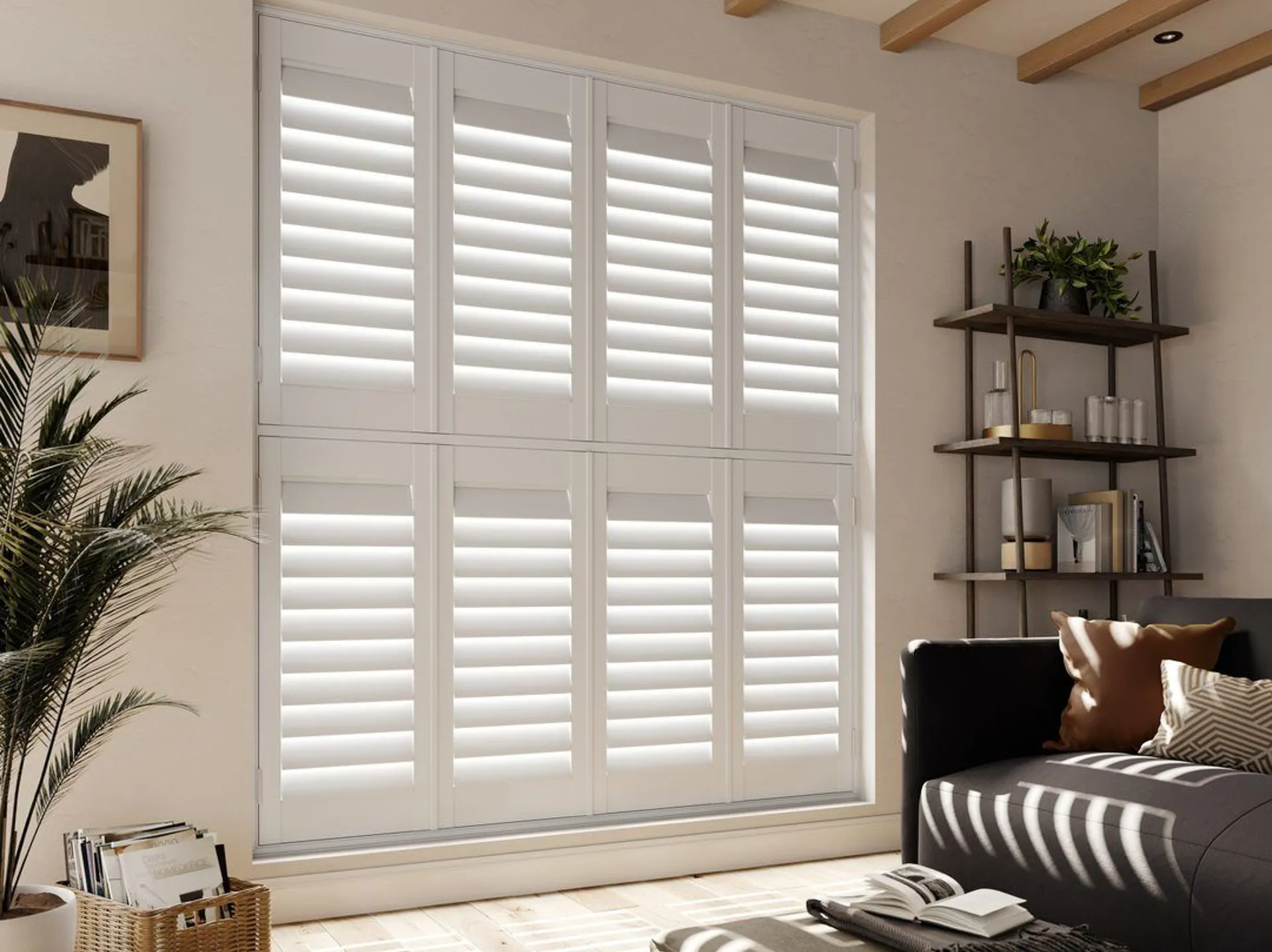 A neutral living room with Snow White tier on tier faux wood shutters